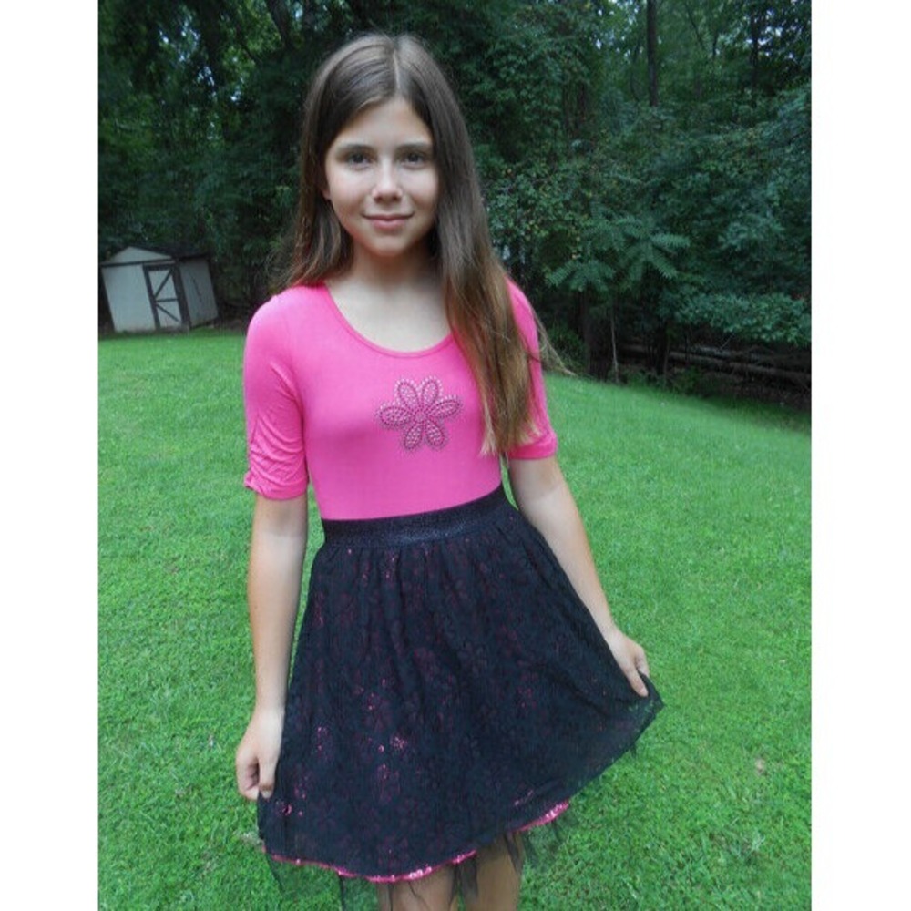 Lipstik Girls Boutique Fuschia/ Black Sparkly Lace Skirt Dress Spring NWT Sz‎ 6X